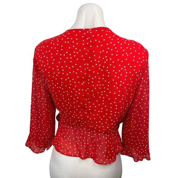 Bardot Red Polka Dots Ruffle V-neck Tie Waist 3/4 Sleeve Wrap Blouse Top Size L - Picture 4 of 6